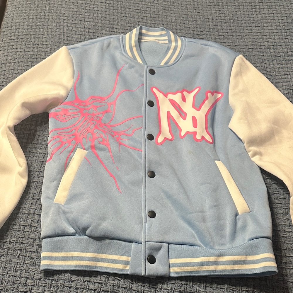 Light Blue & White Varsity Bomber Jacket with Pink Graphic